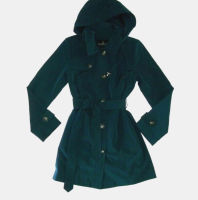 LONDON FOG Dark Teal HOODED Lined TRENCH Rain COAT Raincoat Womens