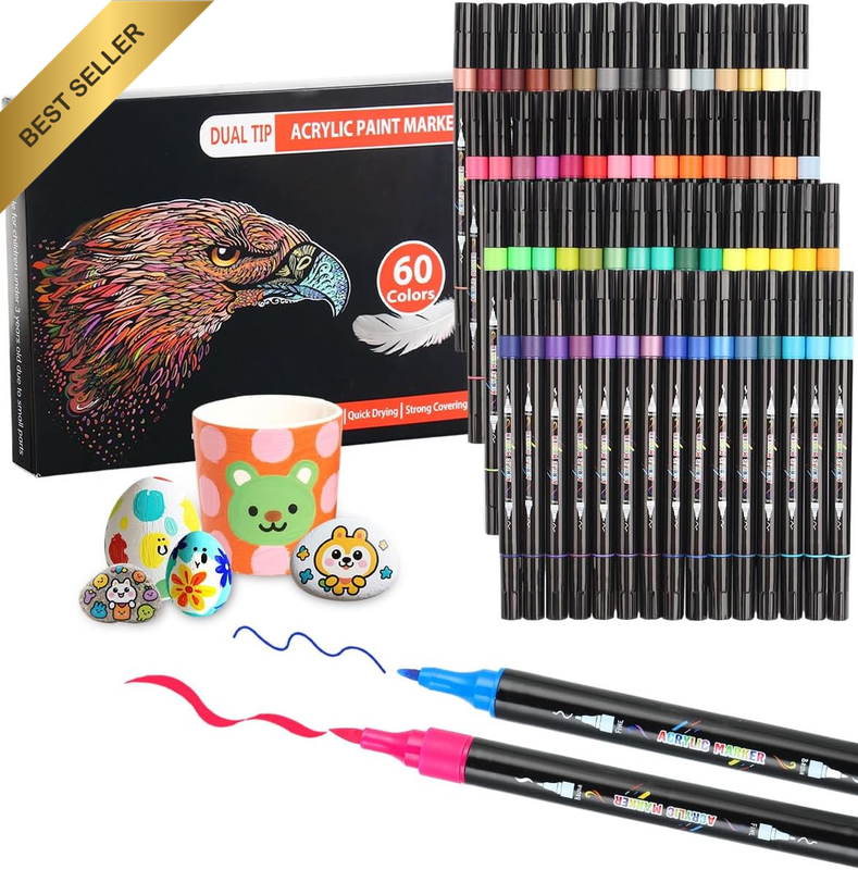 60 Dual Tip Acrylic Paint Pens Rock Wood Ceramic Canvas Calligraphy DIY