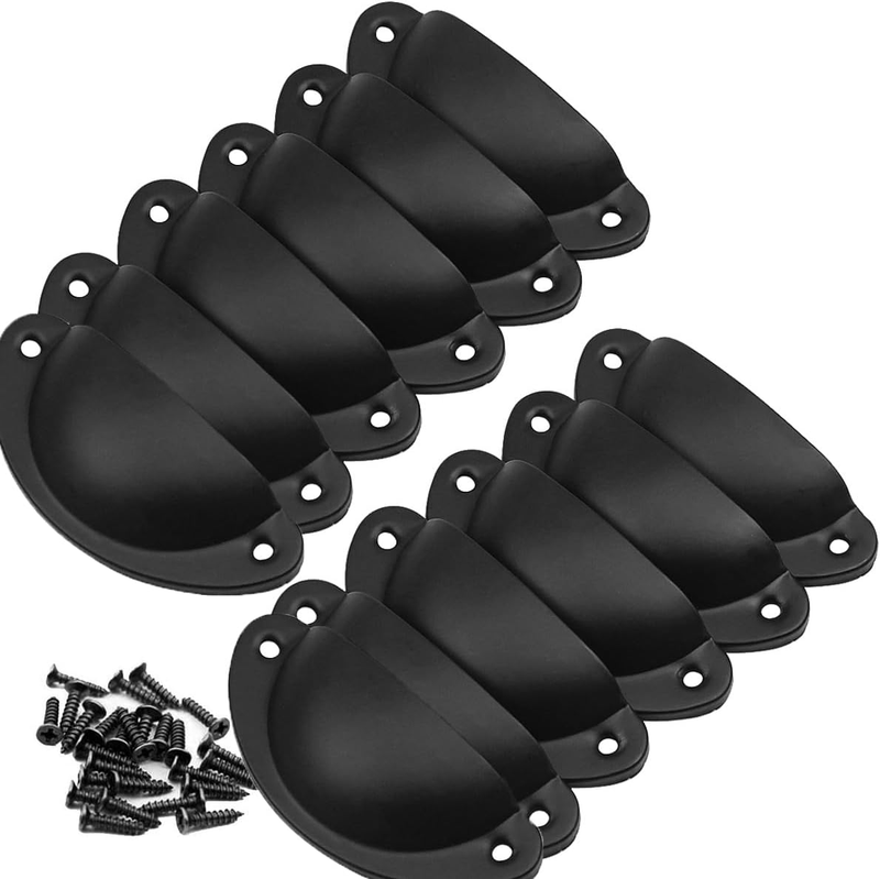 12 Pack Cup Pull Handles, Black Metal Bin Drawer Pulls with Matching Screws for