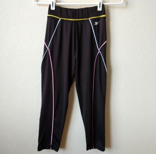 Reebok Girls Athletic Capri Pants 14-16 (XL) Black Pastel Detail Elastic Waist