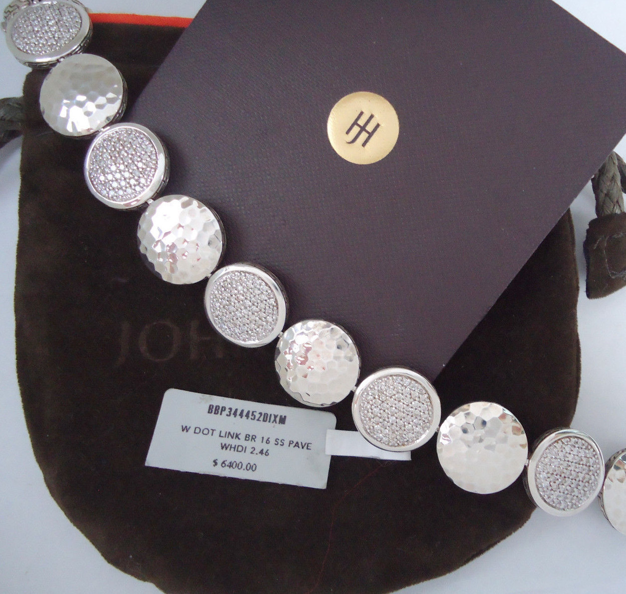 NEW $6400 John Hardy Dot Diamond Disc 16mm Round Hammered Silver Bracelet