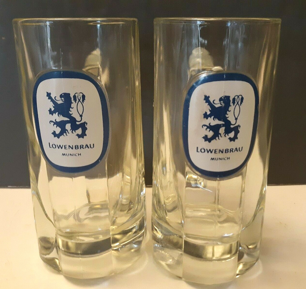 Lot 2 Vtg Lowenbrau Munich Heavy Glass Beer Stein Mug Tankard 6.5