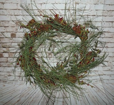 Artificial Wreath Greenery Pine Red Berrie Stems Natural Pinecones and Twigs