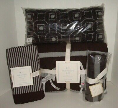 Pottery Barn Kids Sock Monkey Quilt Skirt Pillow Stroller Blanket Gray Brown