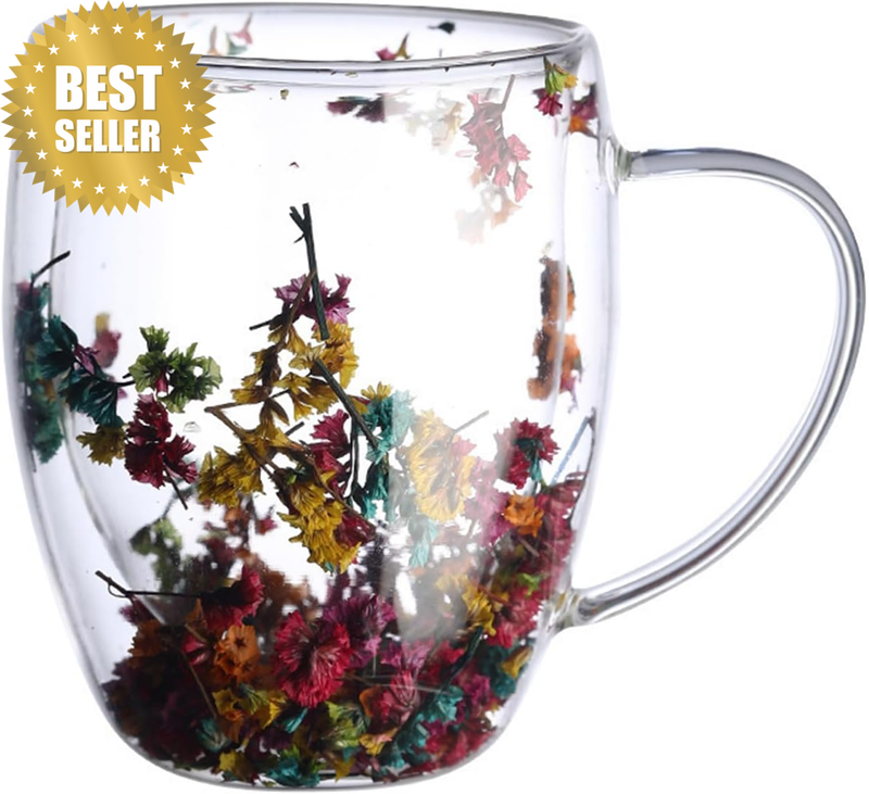 Aesthetic Dried Flowers Double Wall Glass Coffee Mugs, with Insulated Layer Flow