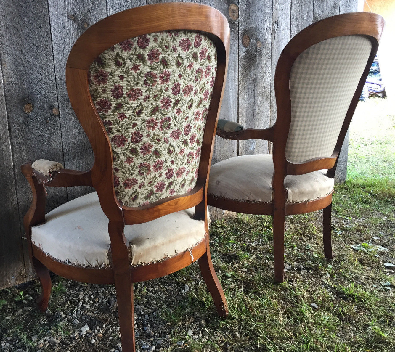 Pair of Antique Louis XV Style French Deconstructed Fruitwood Armchairs