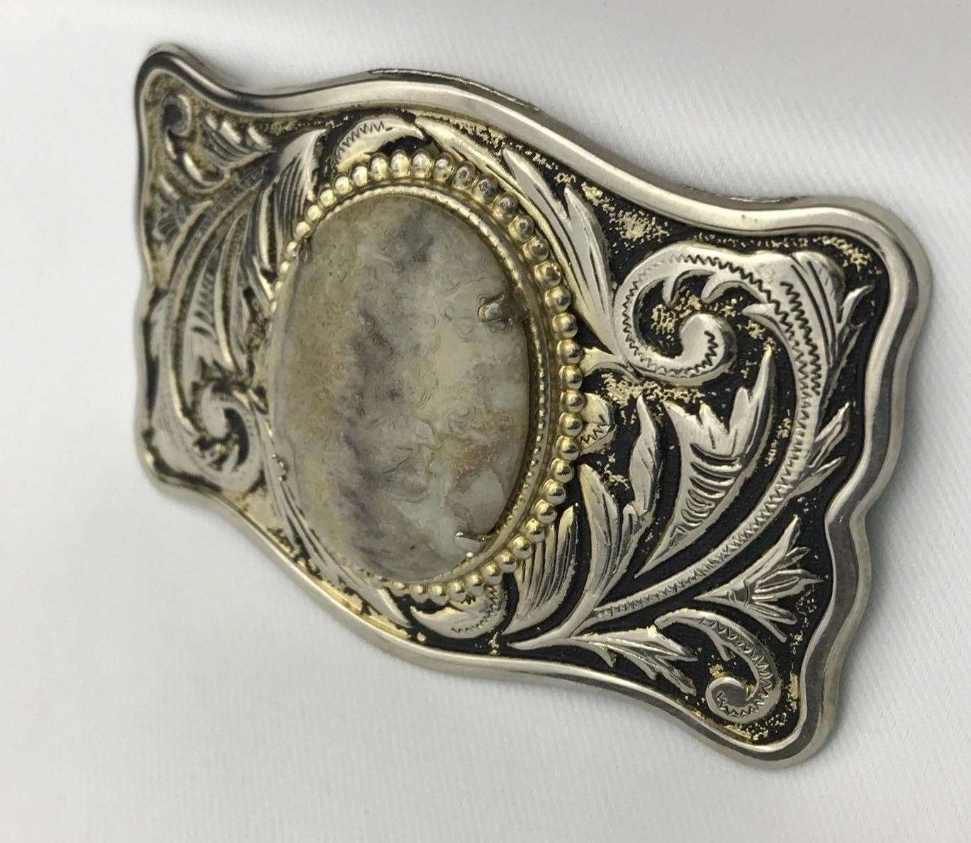 Vtg Western Men's Belt Buckle Cowboy Large, Rugged Agate Stone Center Gold Black