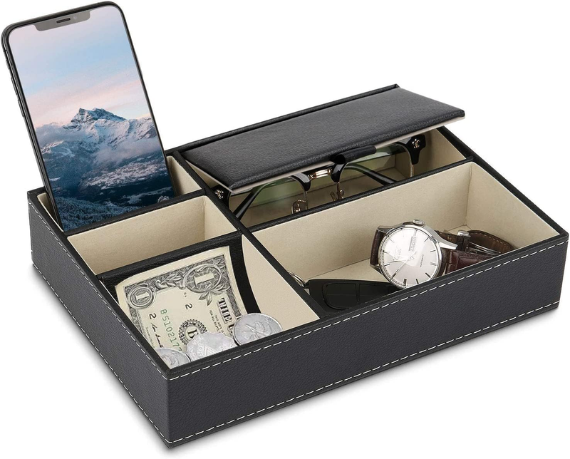 BAOYUN Valet Tray - Leather Mens Night Stand Organizer with 5 Compartment for Wa