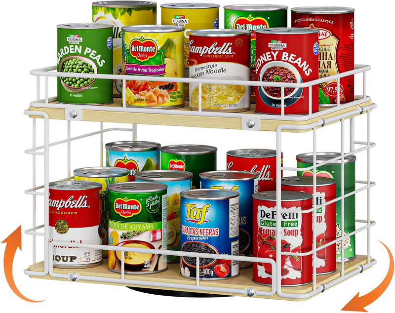 2 Tier Lazy Susan Can Organizer Rotating Pantry Rack Holds 26 Cans White