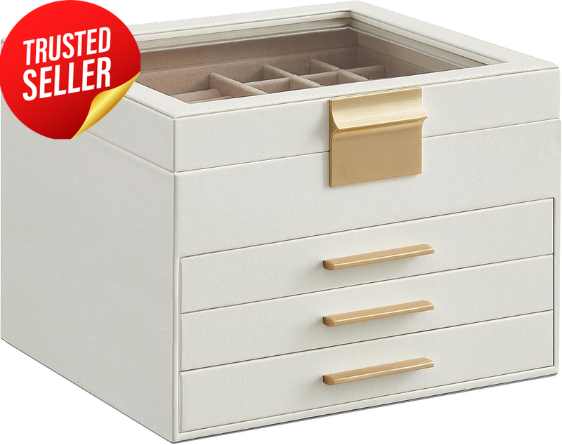 Jewelry Box 4-Layer 3 Drawer Glass Lid White Gold