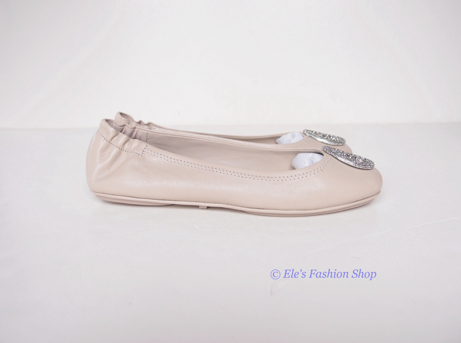 Pre-owned Tory Burch Crystal Logo Pave Minnie Leather Travel Ballet Flat Gray Us 9.5