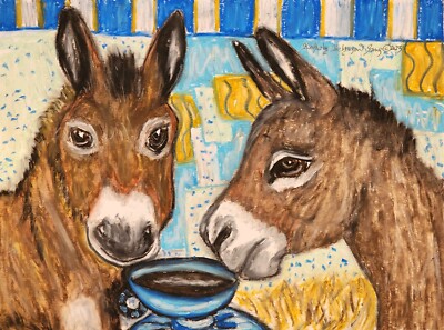 DONKEY Drinking Coffee Pop Art Print 8x10 Farm Countryside Artist KSams
