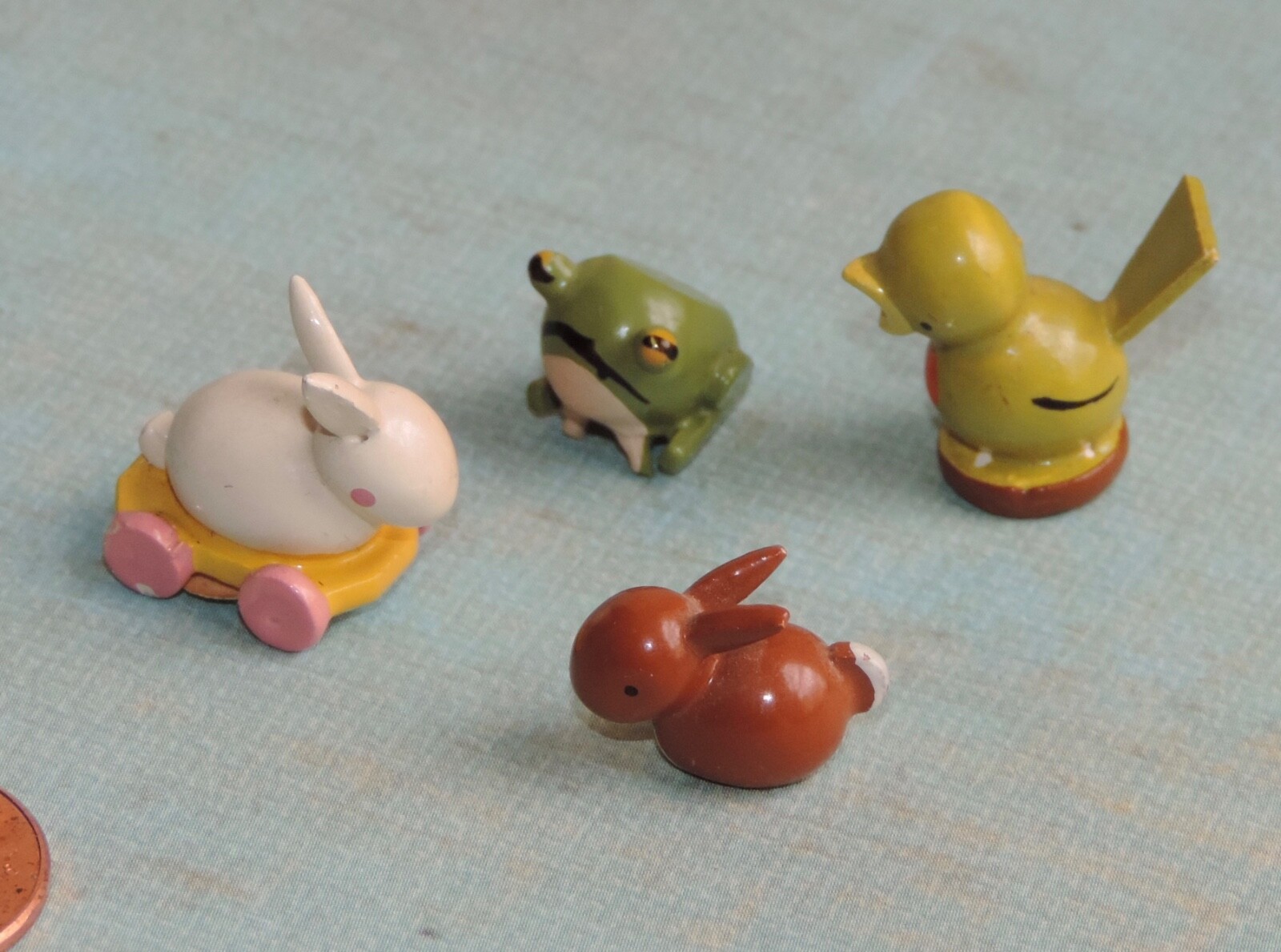 Vintage Erzgebirge German Wooden Miniatures Bunny Pull Toy Frog Bird 4pc