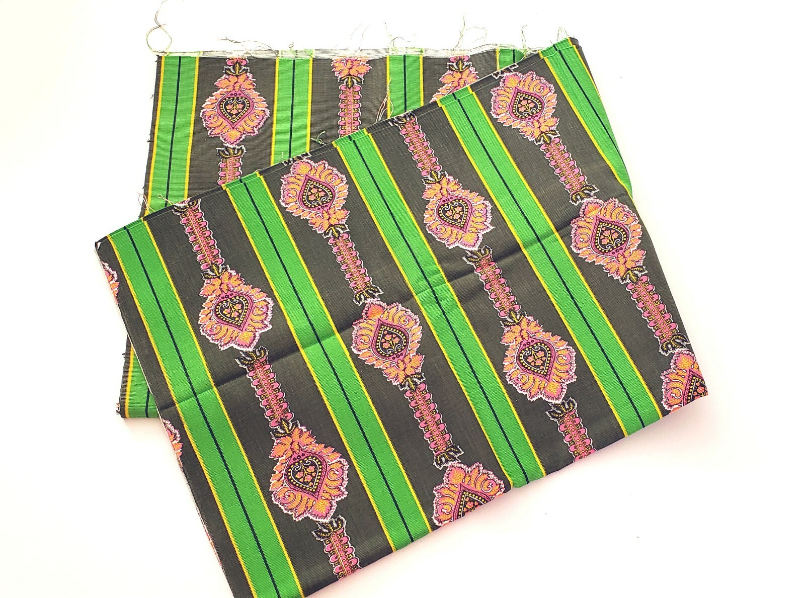 5 yards 60's Psychedelic Fabric NOS Cotton Stripes Print Green Brown Pink Uncut