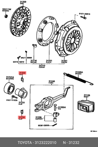 Genuine OE clip, release bearing hub, 3123222010 for TOYOTA