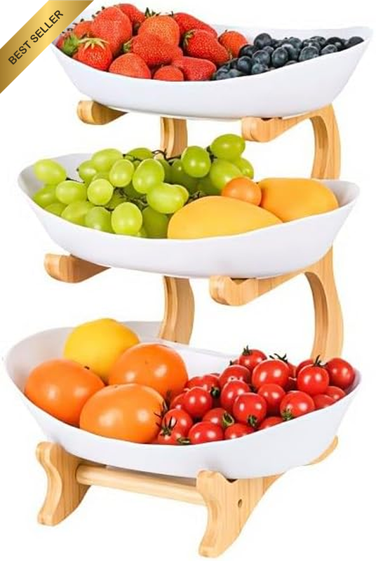 Plastic Serving Bowls with Bamboo Stand, Tiered Fruit Basket for Kitchen Organiz