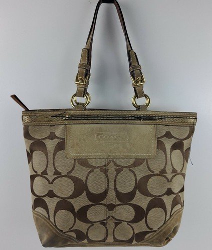 バッグ COACH Gallery Signature Suede Tote Bag Coach Gallery Signature Khaki Suede Purse 10445 Beaded Tote