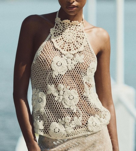 New Zara 🤍 Sz M ECRU COTTON CROCHET HALTER TOP Blogger Fav