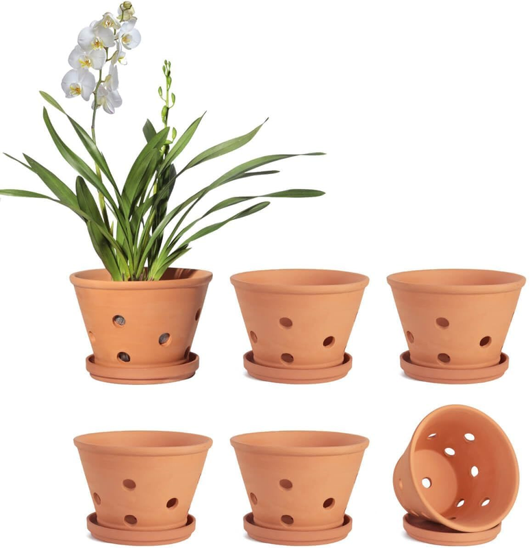 Vensovo 4 Inch Terracotta Orchid Pots with Holes and Saucers - 6 Pack Clay Orchi