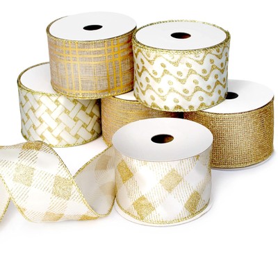 Gold Ribbon Wired Christmas Tree Ribbon 2.5 Inch Xmas Ribbons 6 Rolls 36 Yard...