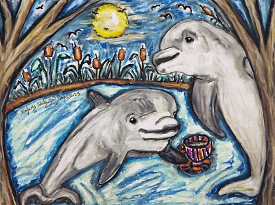DOLPHIN Drinking Coffee 8.5 x 11 Mangrove Moon Art Print Signed by Artist KSams