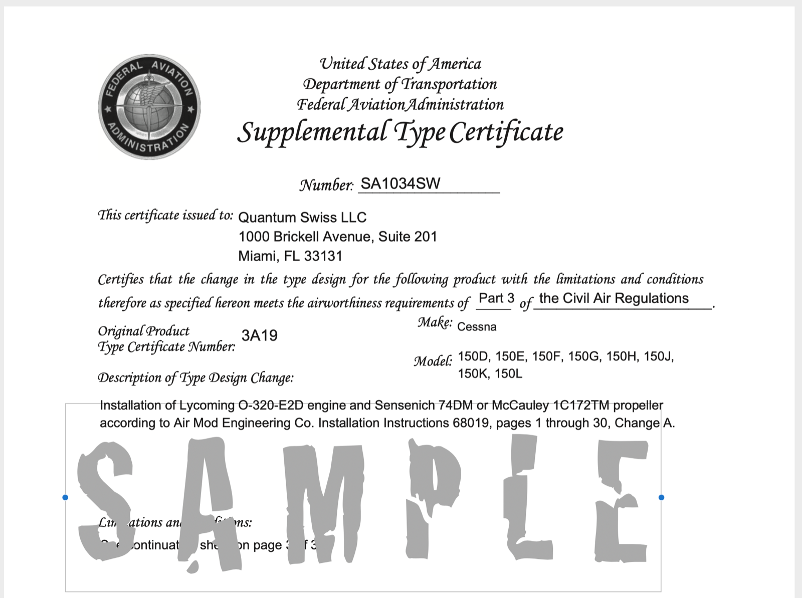 STC Upgrade Cessna 150 150 HP SA1034SW incl. Engine Mount 8130