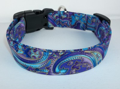 Sparkly Aqua Purple Gold Paisley Terri's Dog Collar handmade Adjustable Fabric 