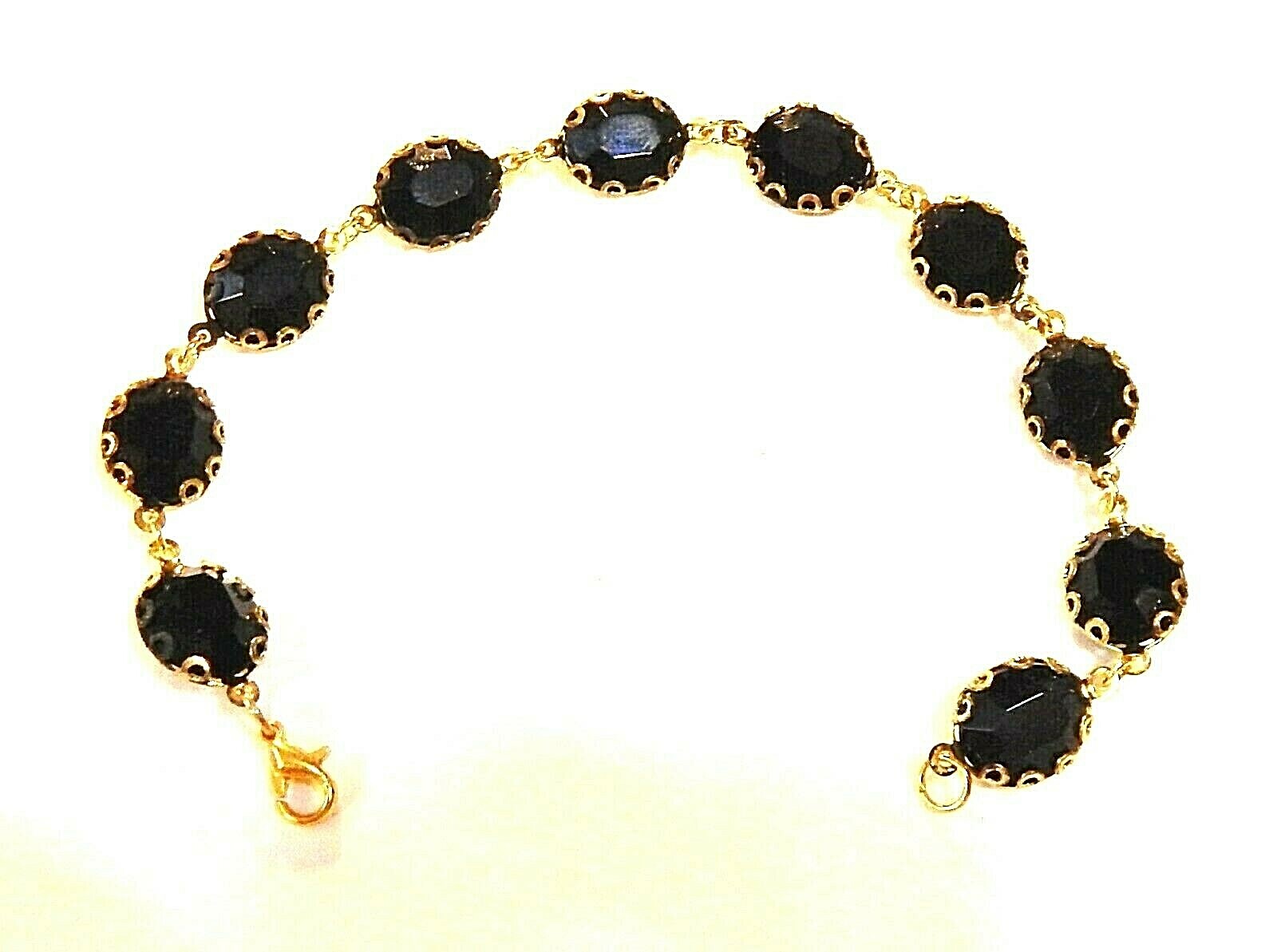 Solid Black Crystal Bracelet Vintage Antique Faceted Stones Filigree Edge GP, 8