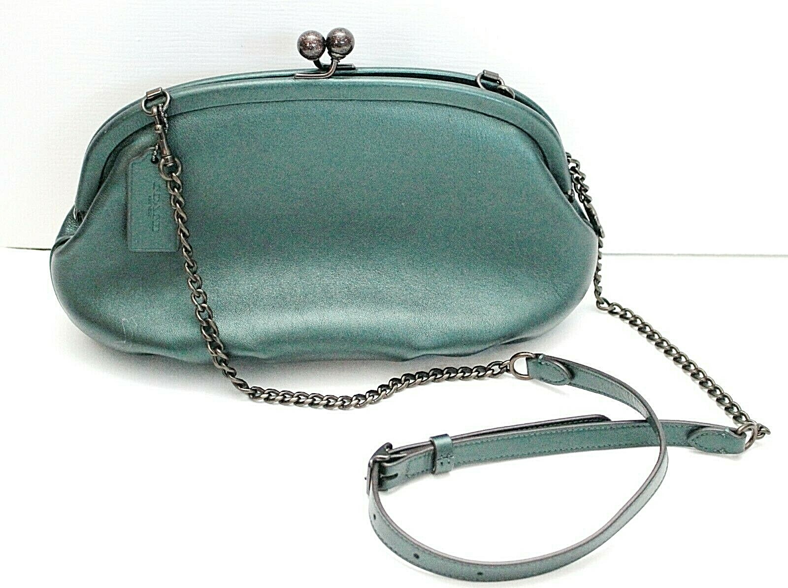 New COACH Metallic Green Soft Leather Kisslock Clutch