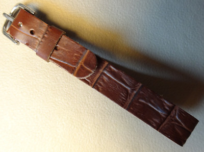 THIN One Piece Brown Croc Grain Faux Leather 12mm Watch Band Silver Tone Buckle