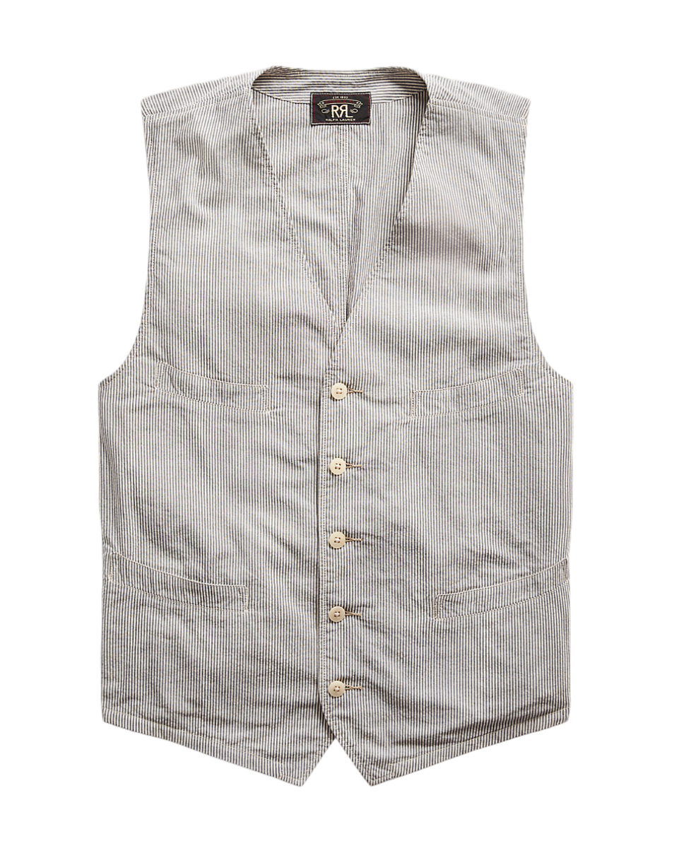 Pre-owned Ralph Lauren Rrl Striped Cotton Seersucker Buckleback Vest $395 In Gray