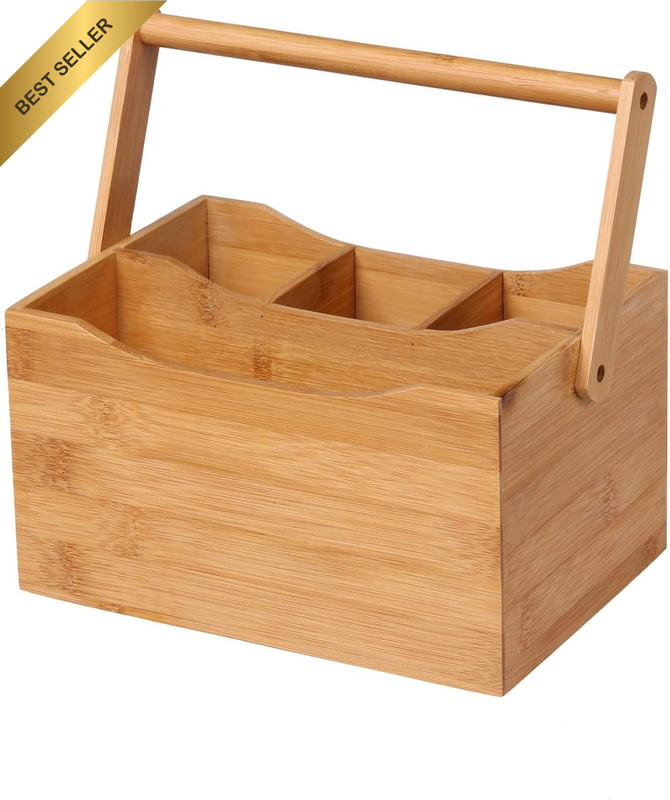Home Bamboo Cutlery Caddy Holds Knife/Fork/Spoon and Napkin/Serviette 4 Compartm