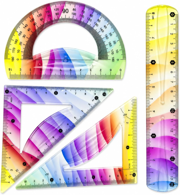 4 Pezzi Set Righelli Flessibili, 20Cm, Con Squadra E Goniometro, Righello Pieghevole in Plastica, Infrangibile, Sfumatura Di Colori, per Scuola, Ufficio, Disegno, Adulti
