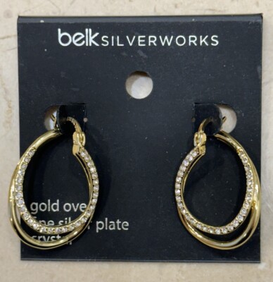 New  Belk SilverWorks Fine Gold Over Fine Silver Plate  Crystal Pierce Earrings 