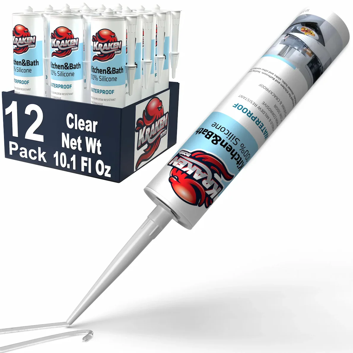 Kraken Bond 100% Clear Silicone Caulk ( 12x10.1 fl.oz)  12 Pack