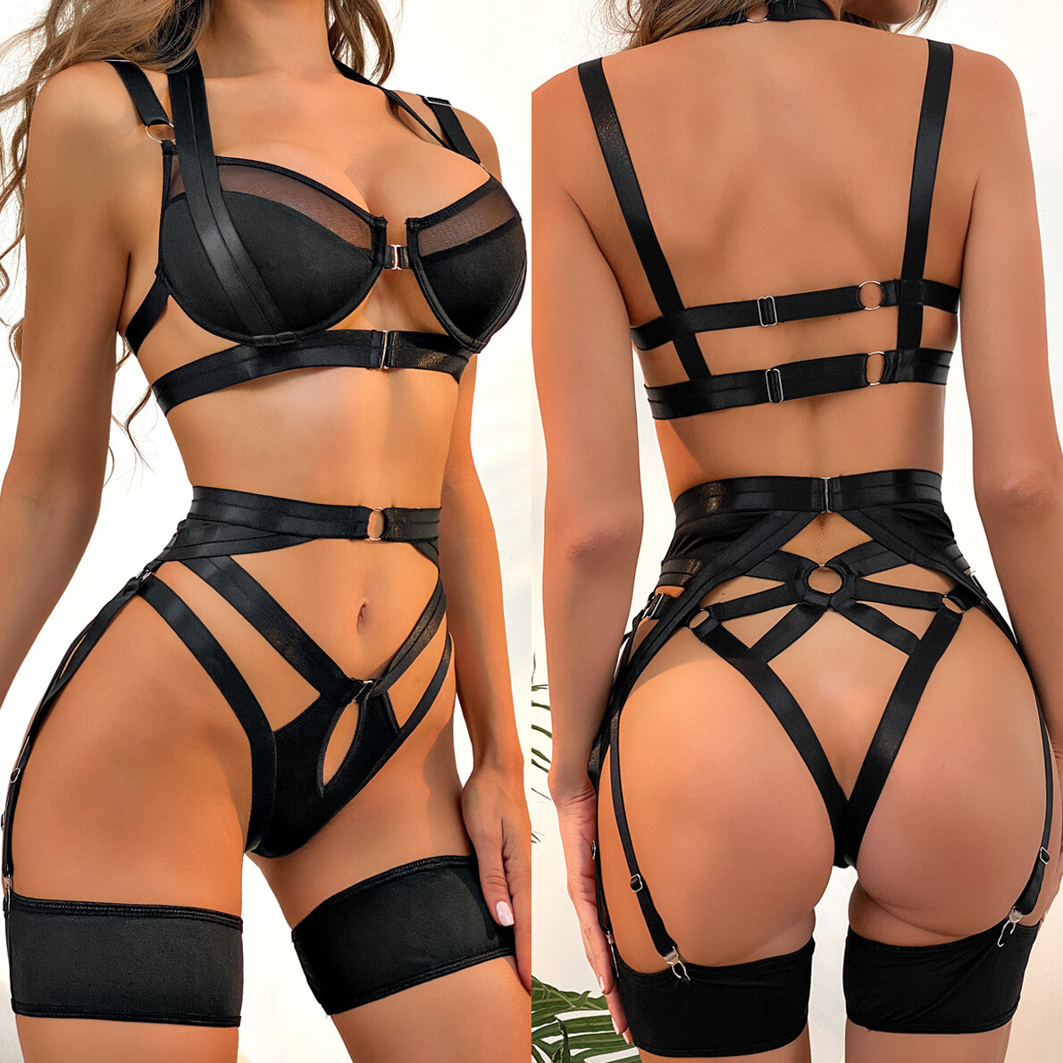 Women Sexy Halter Harness Strappy Lingerie Set Gothic Hollow Out Underwear Teddy