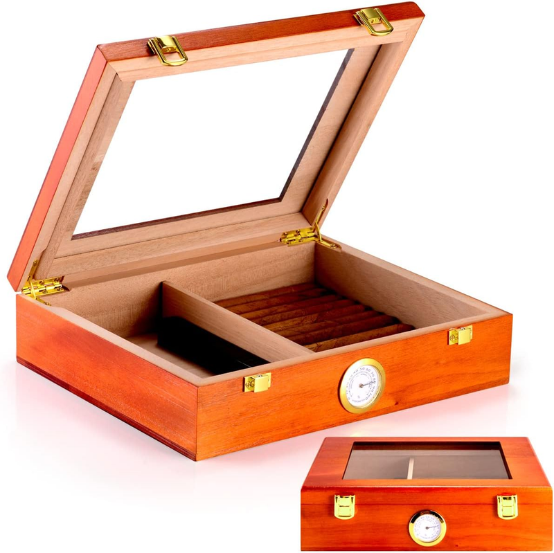 Cigar Humidor Box with Humidifier Disc, Hygrometer & Instruction, Glass-Top Ciga