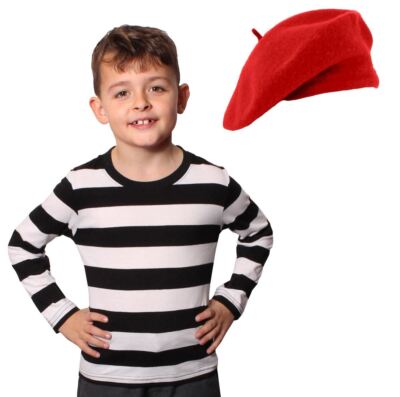 ILOVEFANCYDRESS Kinder-Kostüm Franzose – Schwarz-weißes Gestreiftes Langarmtop + Farbiges Beret Für Bastille Day