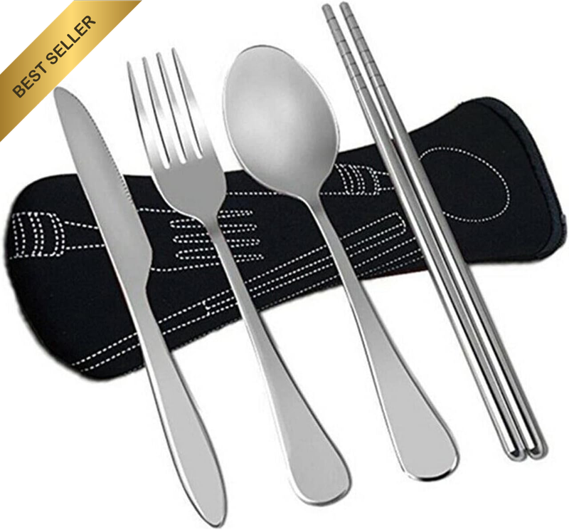 4PCS Reusable Travel Cutlery Set, Stainless Steel Knife Fork Spoon & Chopsticks