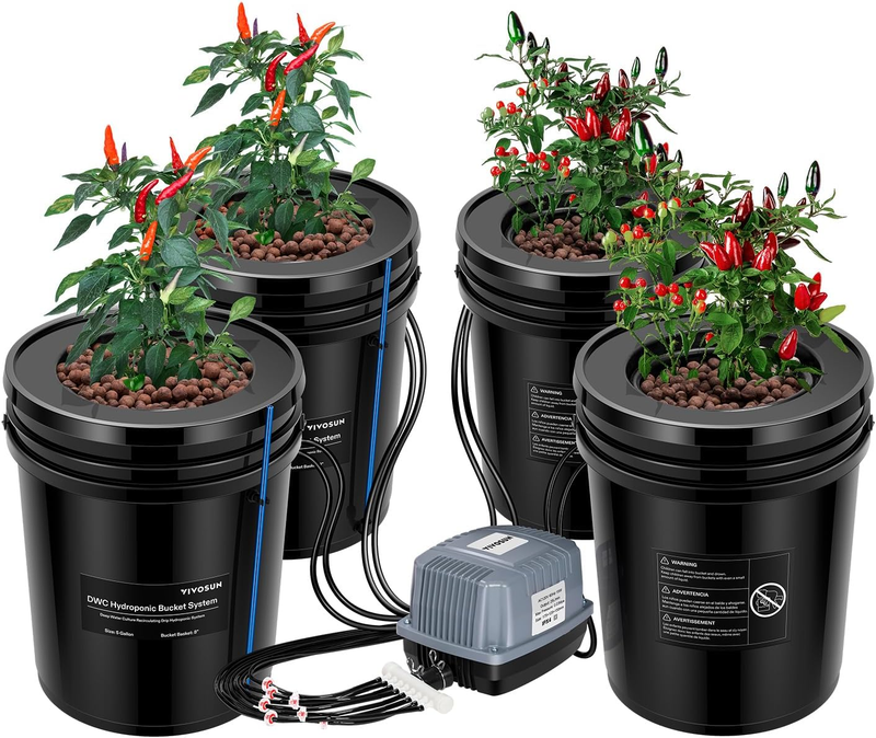 DWC Hydroponics Grow System with Drip Kit & Air Pump - 5 Gallon 4 Buckets
