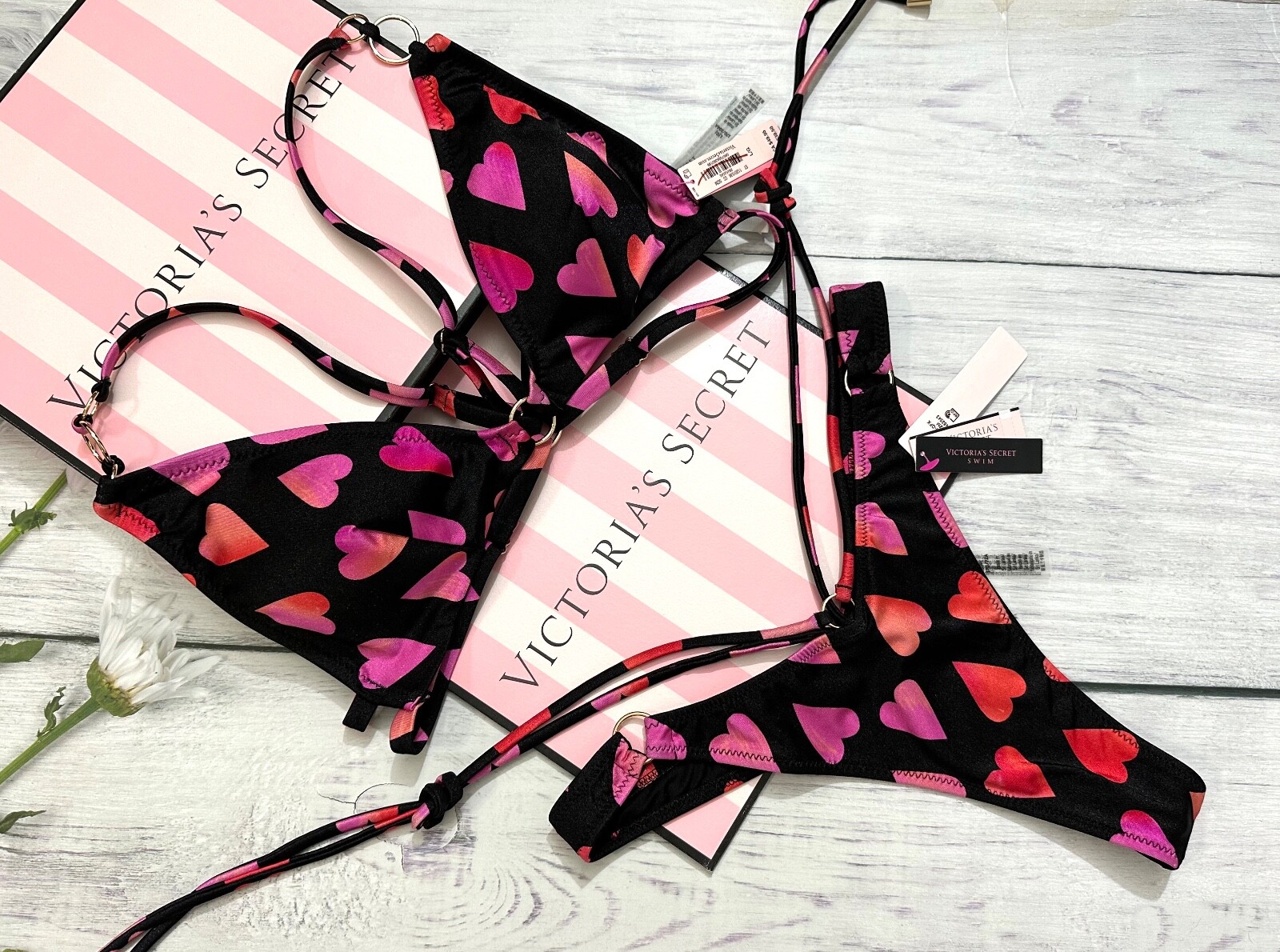 

Бикини-топ Victorias Secret с бретельками и треугольными чашечками, комплект стрингов, омбре, сердце, Leopard