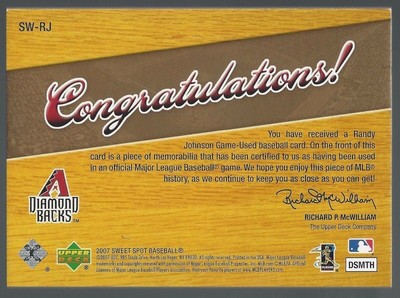 Randy Johnson 2007 Sweet Spot Sweet Swatch Memorabilia Patch 23/25 Card# SW-RJ