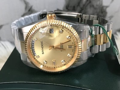 Sandoz Automatic Day Date Gold dial Stainless Steel President's Homage Watch