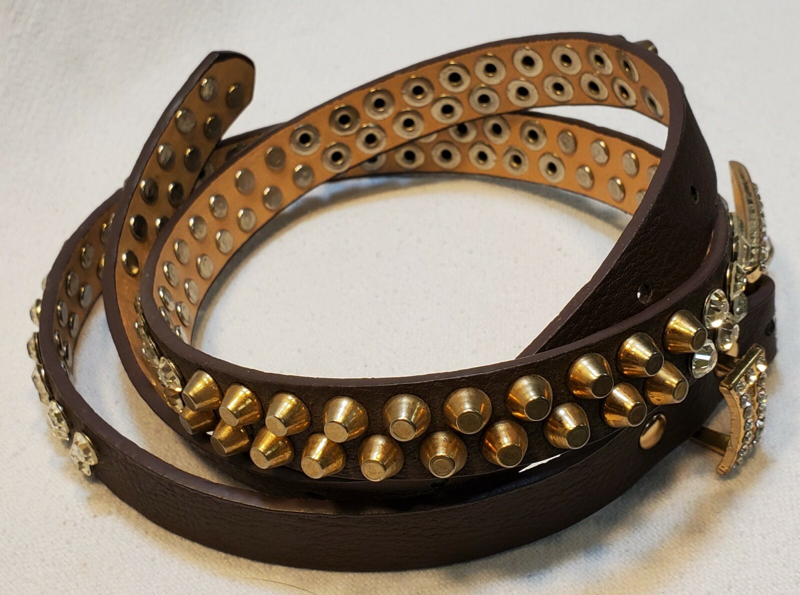 Ladies skinny genuine brown leather belt with brass studs  display picture 2