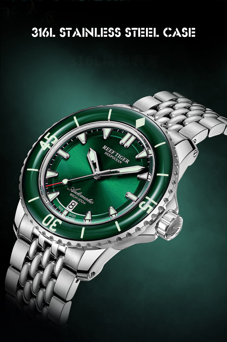 Pre-owned Reef Tiger Men Diver Watch 44mm Automatic Wristwatch 20bar Sapphire Bezel Lumin