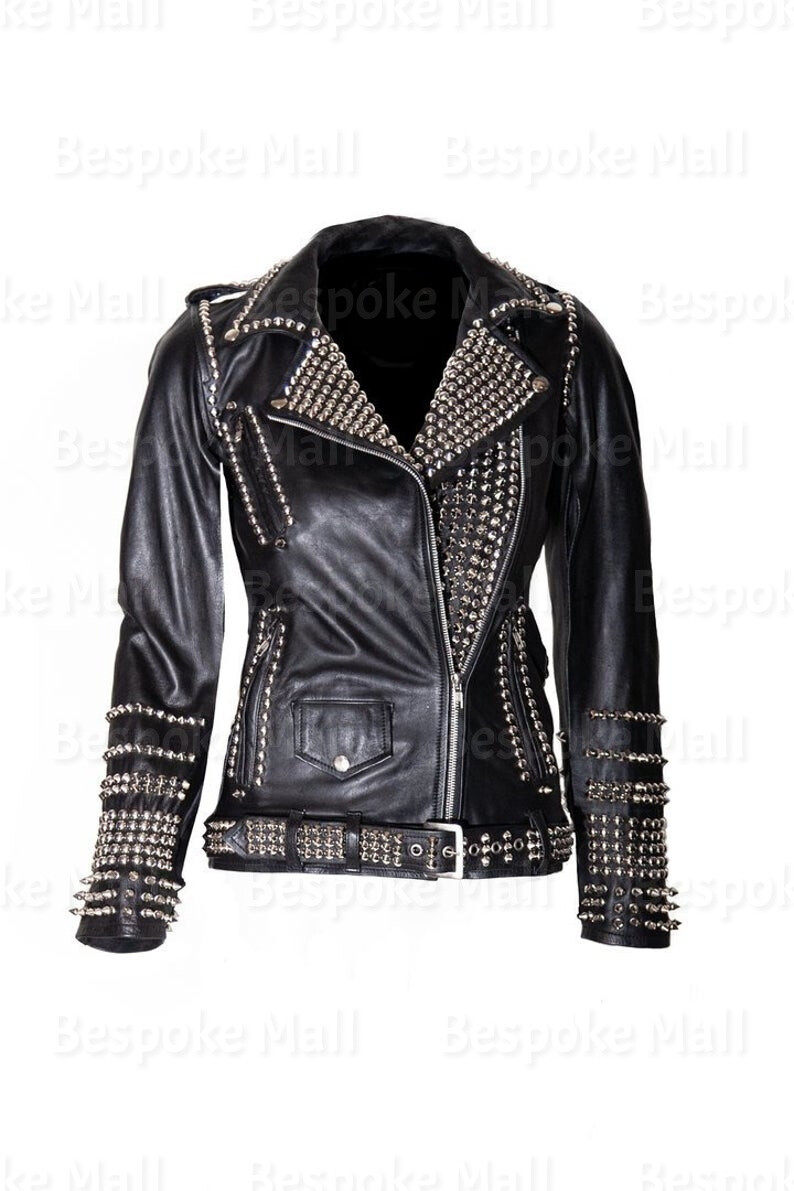 Pre-owned Handmade Woman Silver Studded Black Punk Riding Cowhide Biker Leather Jacket-127