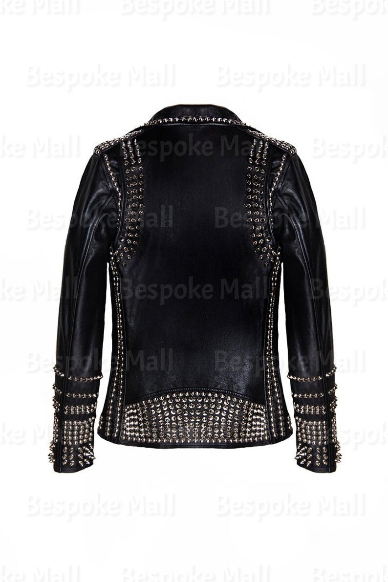 Pre-owned Handmade Woman Silver Studded Black Punk Riding Cowhide Biker Leather Jacket-127