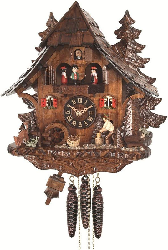 Quartz Cuckoo Clock Black Forest House with Moving Wood Chopper and Mill Wheel,