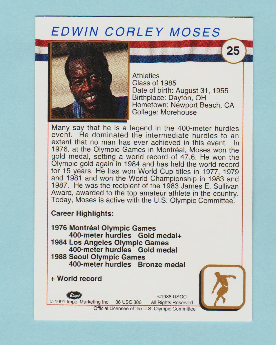 EDWIN MOSES   Athletics   1991 Impel U.S. Olympic Cards HALL OF FAME  #25