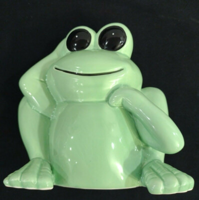 Frog Piggy Bank Green Ceramic Coin Change Bank Sitting Thinking Bug Eyes Kitschy